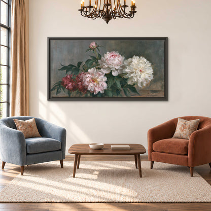 Cream and dusty pink peonies arranged against a muted gray-green background single framed canvas wall art styled in an interior