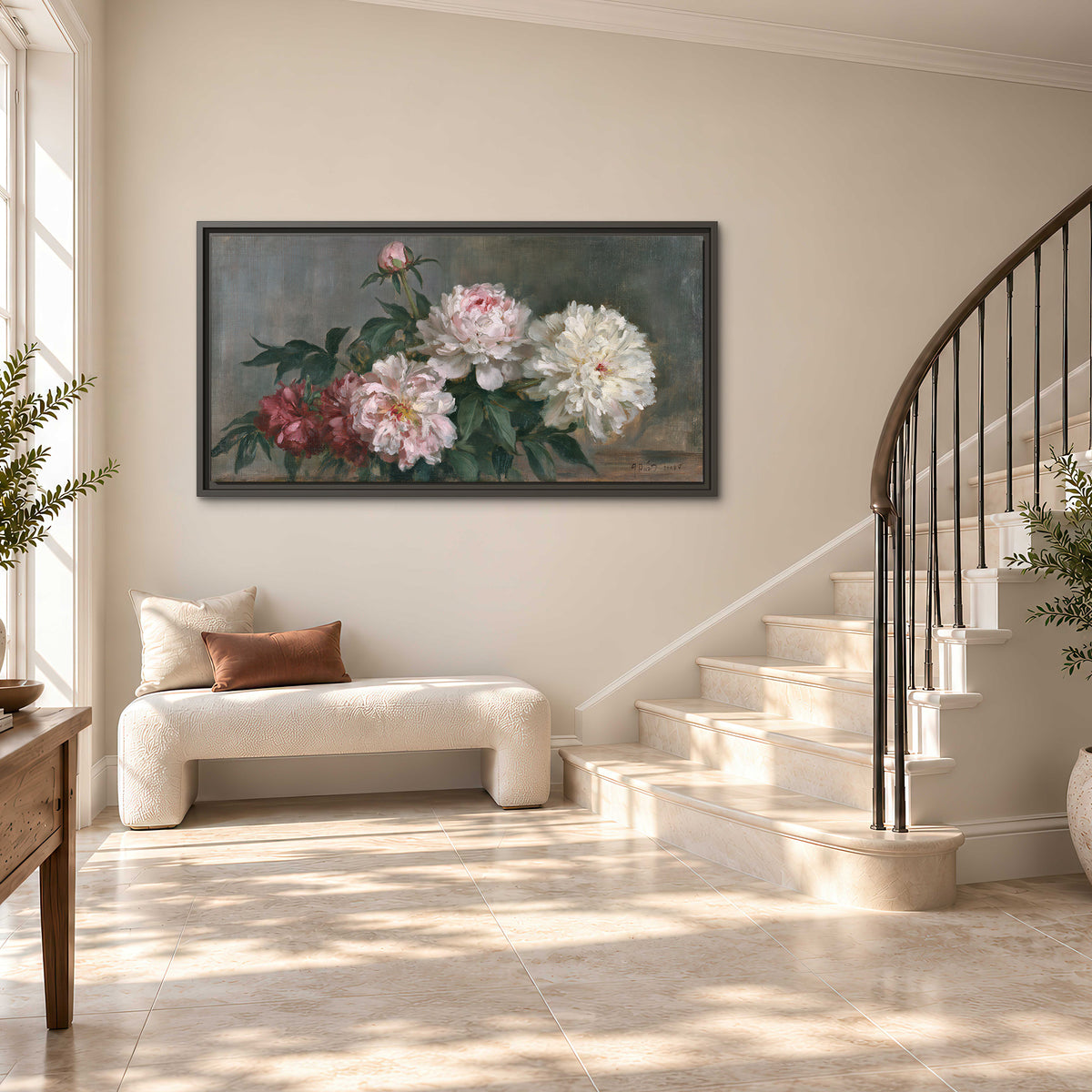 Cream and dusty pink peonies arranged against a muted gray-green background single framed canvas wall art styled in an interior