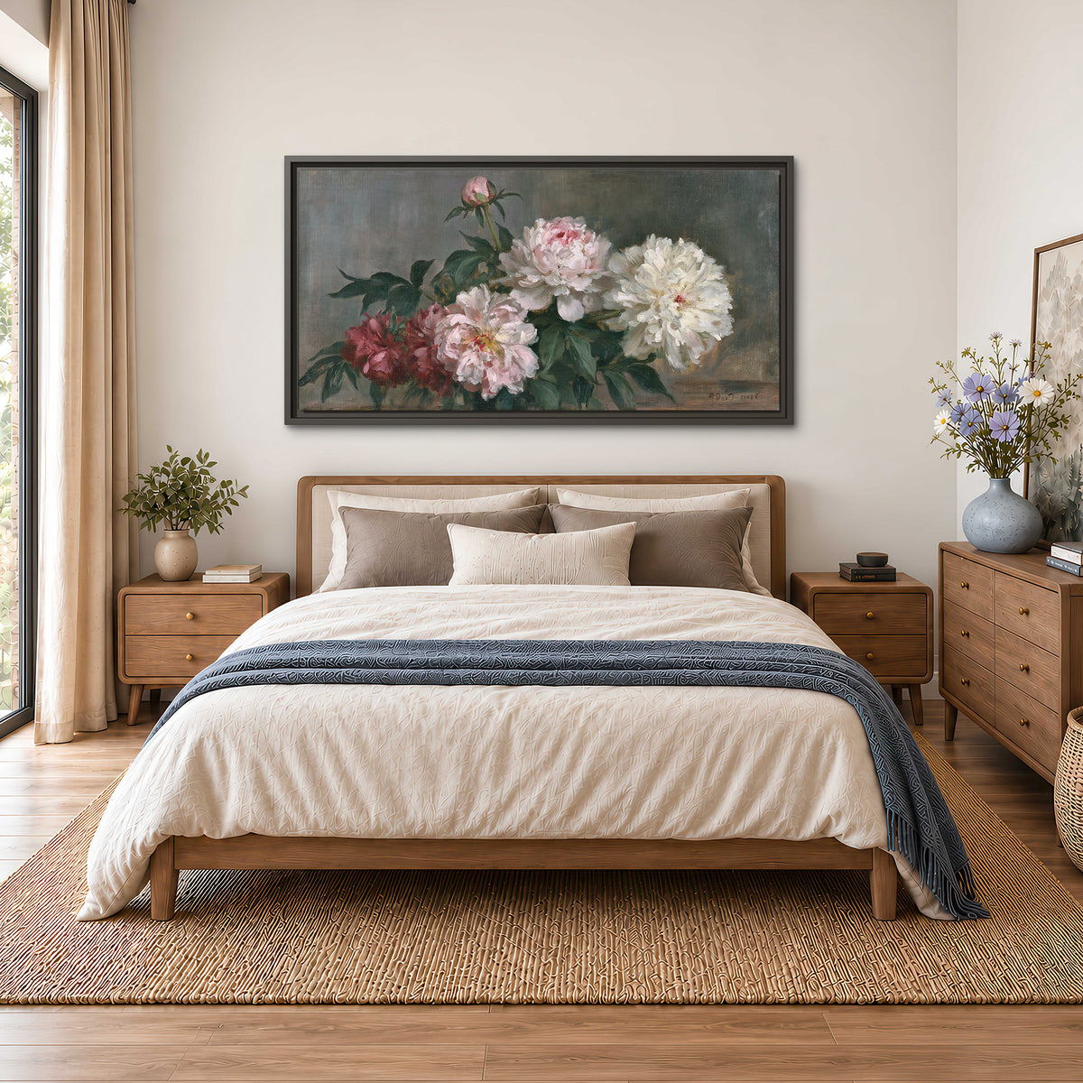 Cream and dusty pink peonies arranged against a muted gray-green background single framed canvas wall art styled in an interior