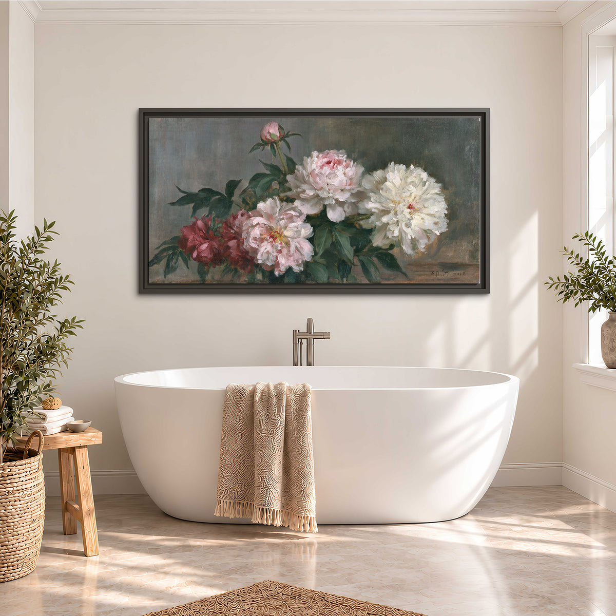 Cream and dusty pink peonies arranged against a muted gray-green background single framed canvas wall art styled in an interior