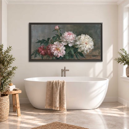 Cream and dusty pink peonies arranged against a muted gray-green background single framed canvas wall art styled in an interior