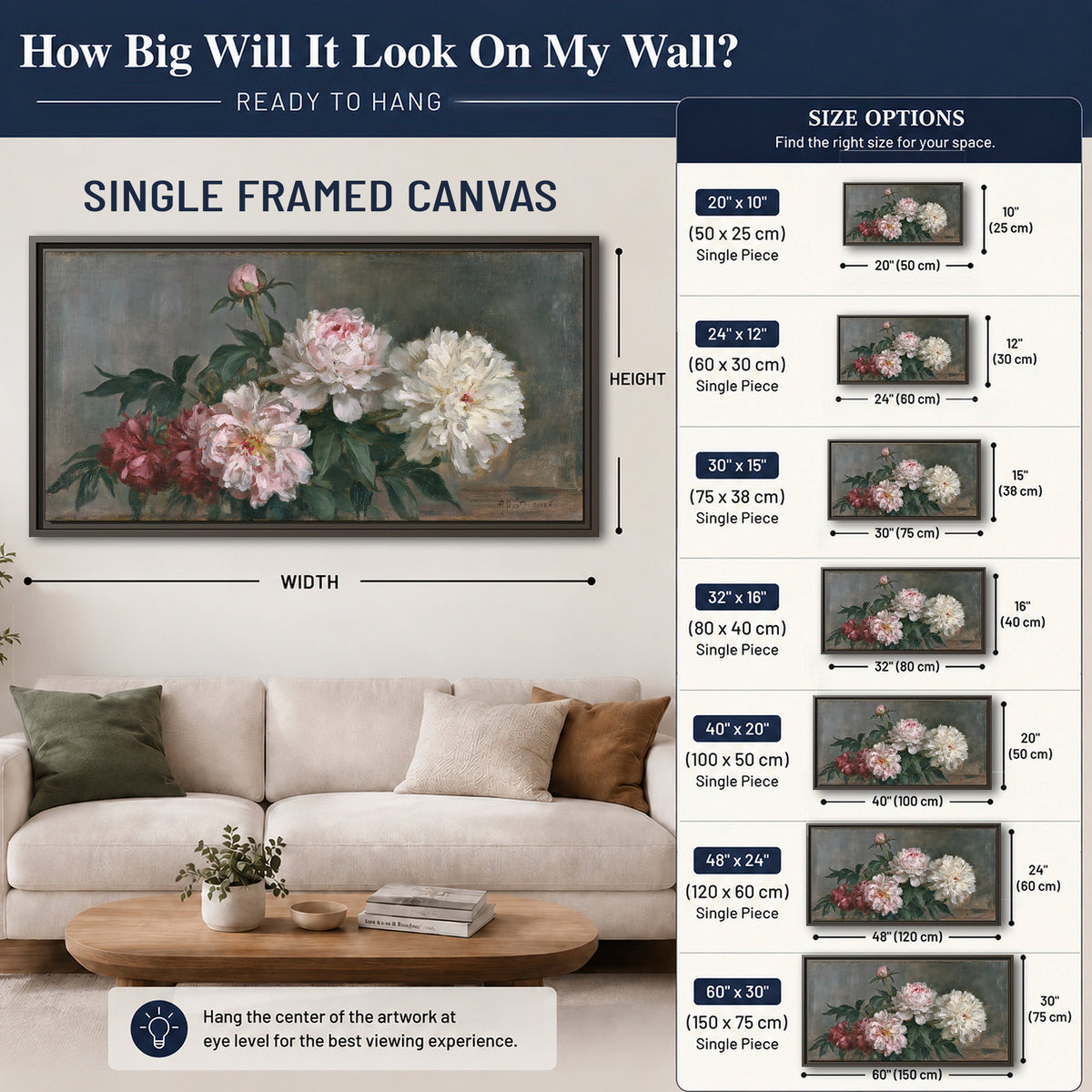 Cream and dusty pink peonies arranged against a muted gray-green background single framed canvas wall art size guide above a sofa; room view is illustrative