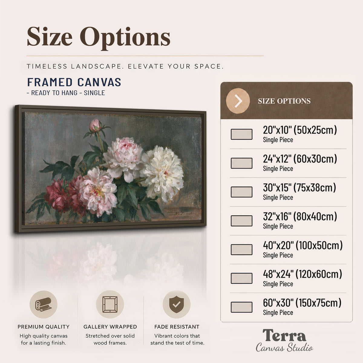 Cream and dusty pink peonies arranged against a muted gray-green background single framed canvas wall art available dimensions
