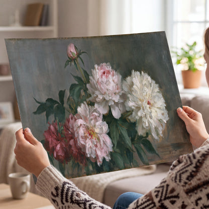 Cream and dusty pink peonies arranged against a muted gray-green background single poster print held in hands