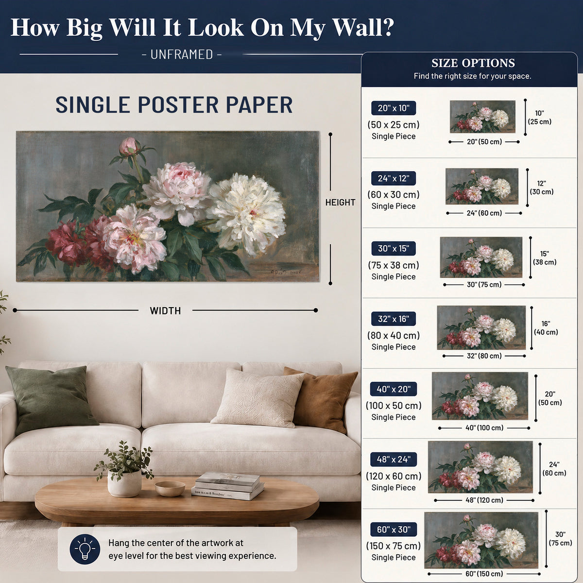 Cream and dusty pink peonies arranged against a muted gray-green background single poster print size guide above a sofa; room view is illustrative