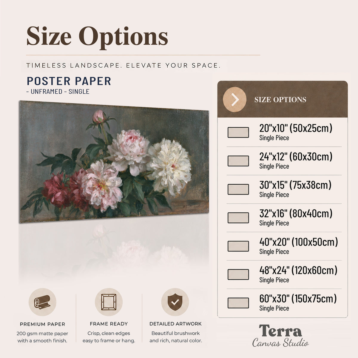 Cream and dusty pink peonies arranged against a muted gray-green background single poster print available dimensions