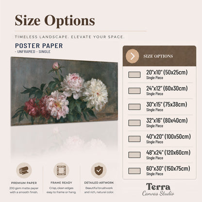Cream and dusty pink peonies arranged against a muted gray-green background single poster print available dimensions