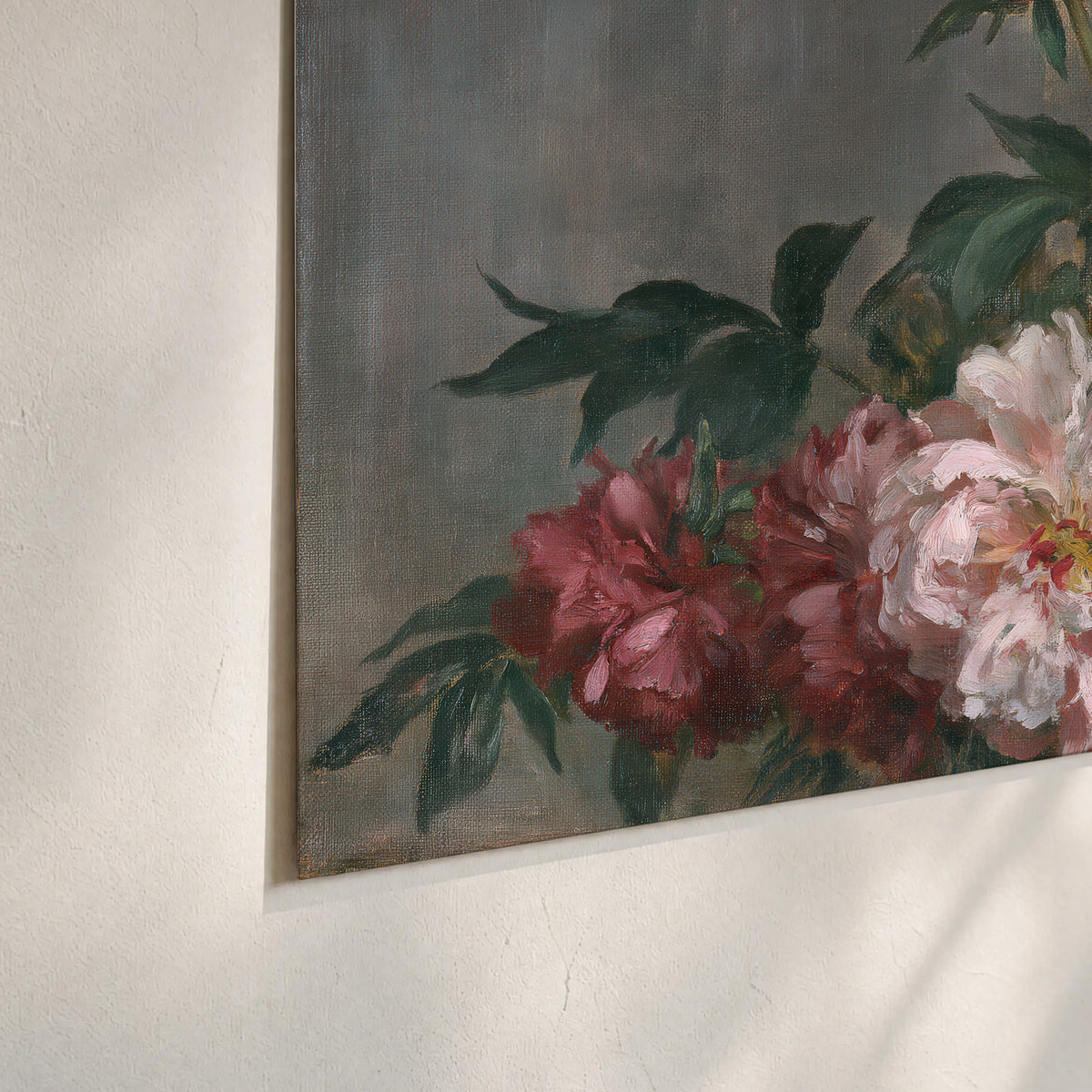Cream and dusty pink peonies arranged against a muted gray-green background set of 3 poster prints material and edge close up