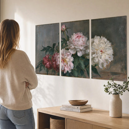Cream and dusty pink peonies arranged against a muted gray-green background set of 3 poster prints three panel arrangement on a wall