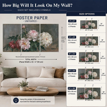 Cream and dusty pink peonies arranged against a muted gray-green background set of 3 poster prints size guide above a sofa; room view is illustrative