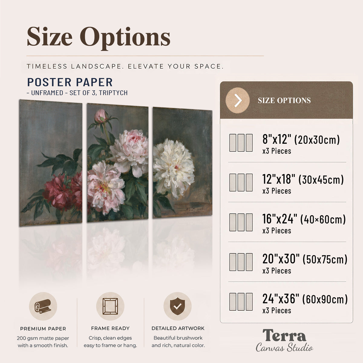 Cream and dusty pink peonies arranged against a muted gray-green background set of 3 poster prints available dimensions; triptych dimensions are per panel