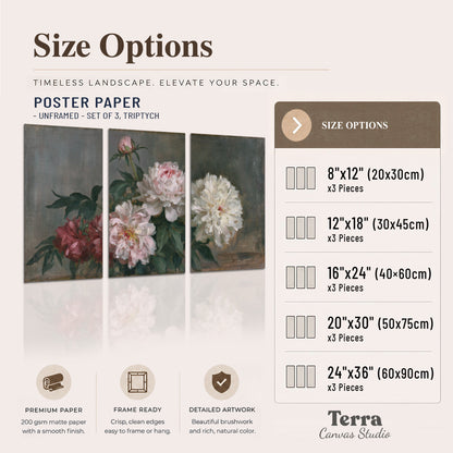 Cream and dusty pink peonies arranged against a muted gray-green background set of 3 poster prints available dimensions; triptych dimensions are per panel