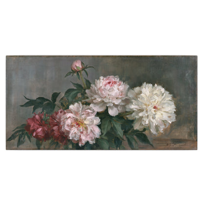 Cream and dusty pink peonies arranged against a muted gray-green background single canvas wall art viewed straight on