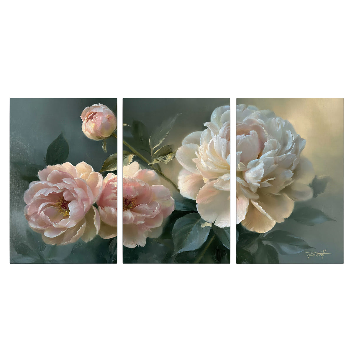 A large cream peony beside blush flowers and broad green leaves 3 piece canvas wall art viewed straight on