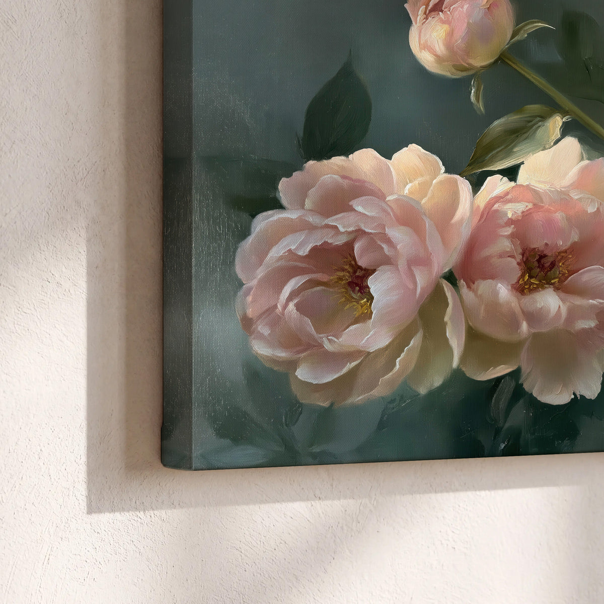 A large cream peony beside blush flowers and broad green leaves 3 piece canvas wall art material and edge close up