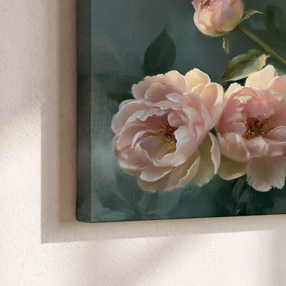 A large cream peony beside blush flowers and broad green leaves 3 piece canvas wall art material and edge close up
