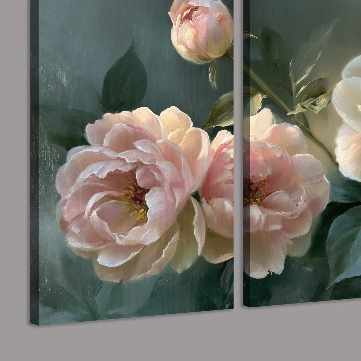A large cream peony beside blush flowers and broad green leaves 3 piece canvas wall art room and product view
