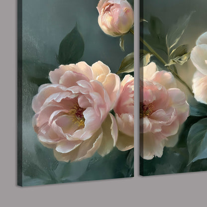 A large cream peony beside blush flowers and broad green leaves 3 piece canvas wall art room and product view