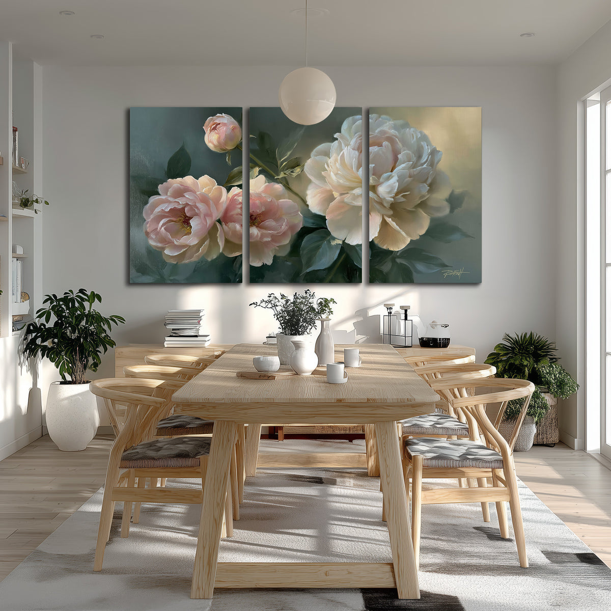 A large cream peony beside blush flowers and broad green leaves 3 piece canvas wall art room and product view