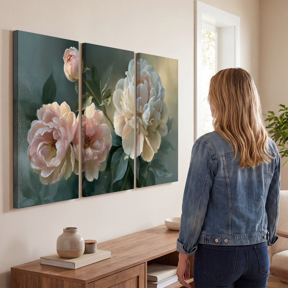 A large cream peony beside blush flowers and broad green leaves 3 piece canvas wall art three panel arrangement on a wall