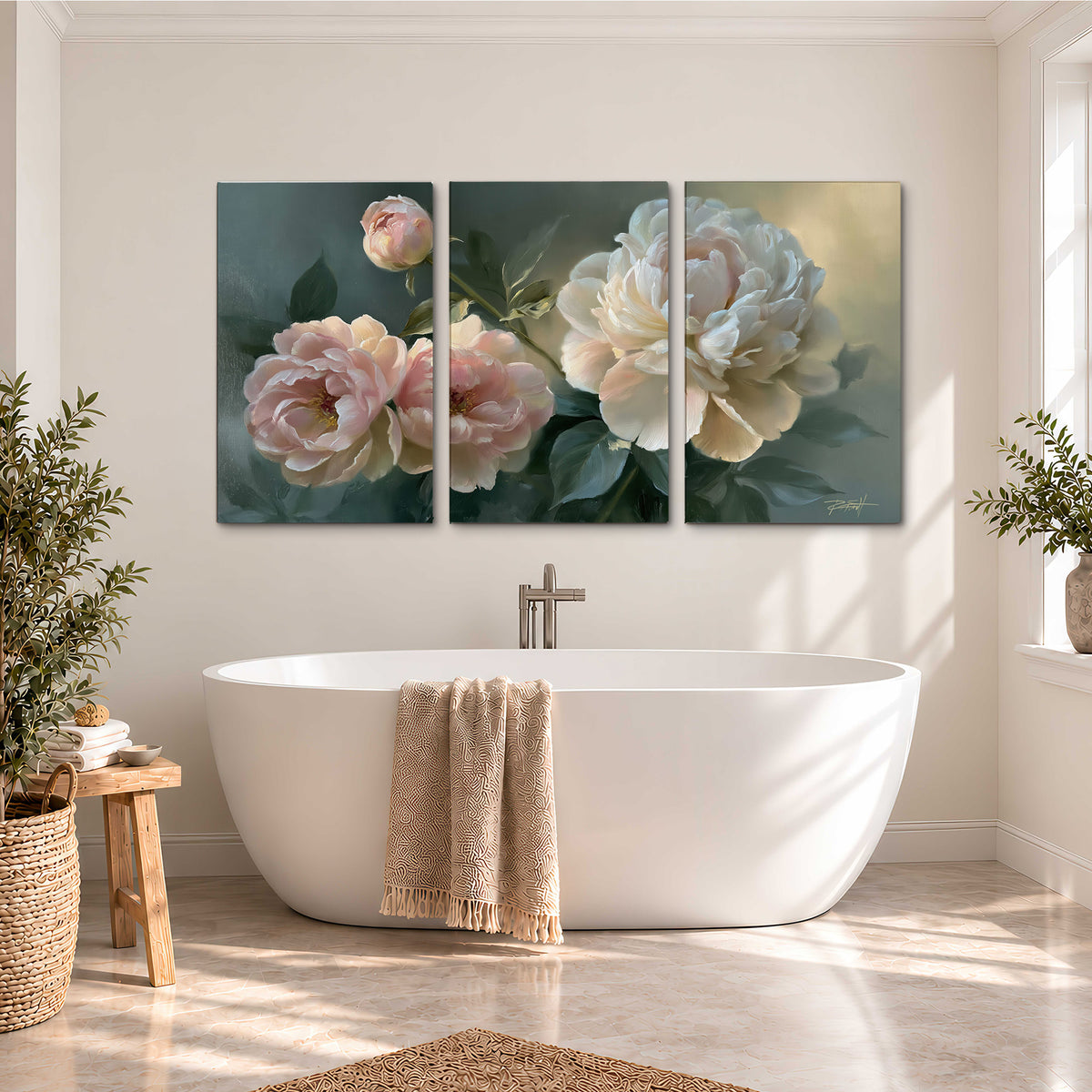 A large cream peony beside blush flowers and broad green leaves 3 piece canvas wall art styled in an interior