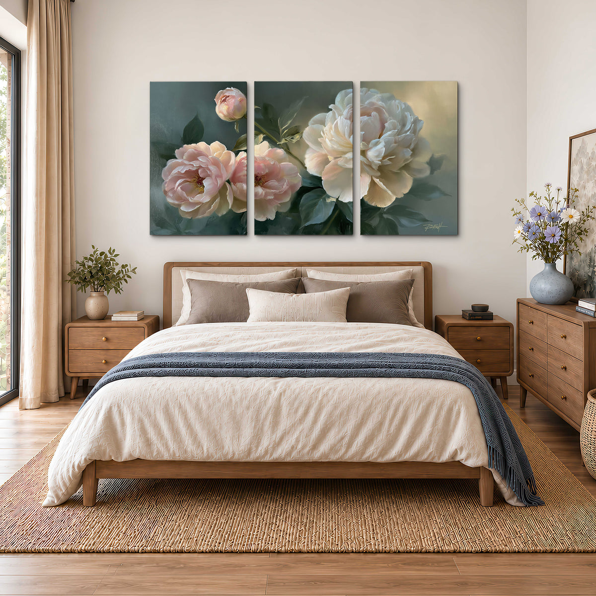 A large cream peony beside blush flowers and broad green leaves 3 piece canvas wall art styled in an interior