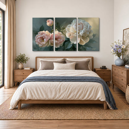 A large cream peony beside blush flowers and broad green leaves 3 piece canvas wall art styled in an interior