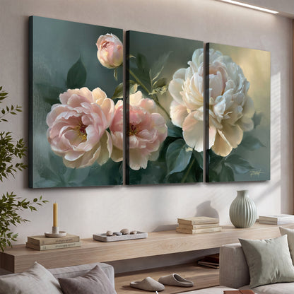 A large cream peony beside blush flowers and broad green leaves 3 piece canvas wall art displayed in a console