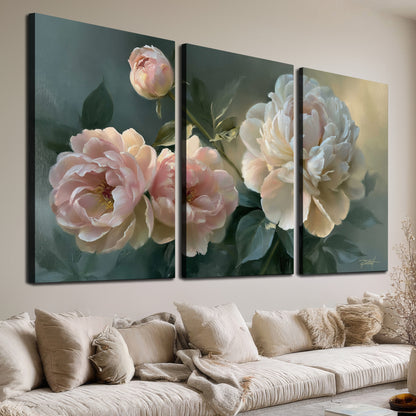 A large cream peony beside blush flowers and broad green leaves 3 piece canvas wall art room and product view