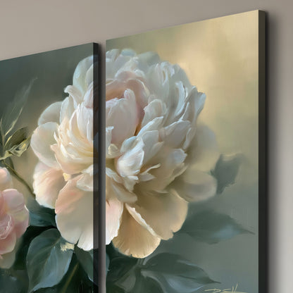 A large cream peony beside blush flowers and broad green leaves 3 piece canvas wall art room and product view