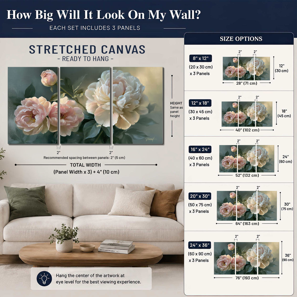 A large cream peony beside blush flowers and broad green leaves 3 piece canvas wall art size guide above a sofa; room view is illustrative