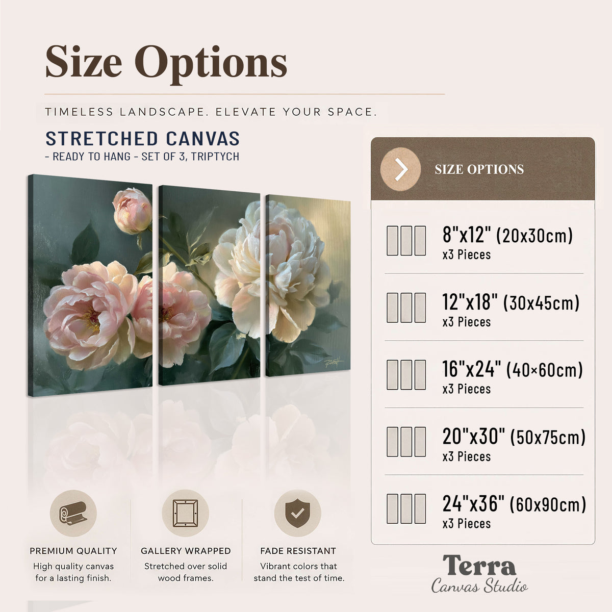 A large cream peony beside blush flowers and broad green leaves 3 piece canvas wall art available dimensions; triptych dimensions are per panel