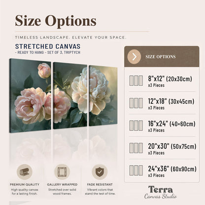 A large cream peony beside blush flowers and broad green leaves 3 piece canvas wall art available dimensions; triptych dimensions are per panel