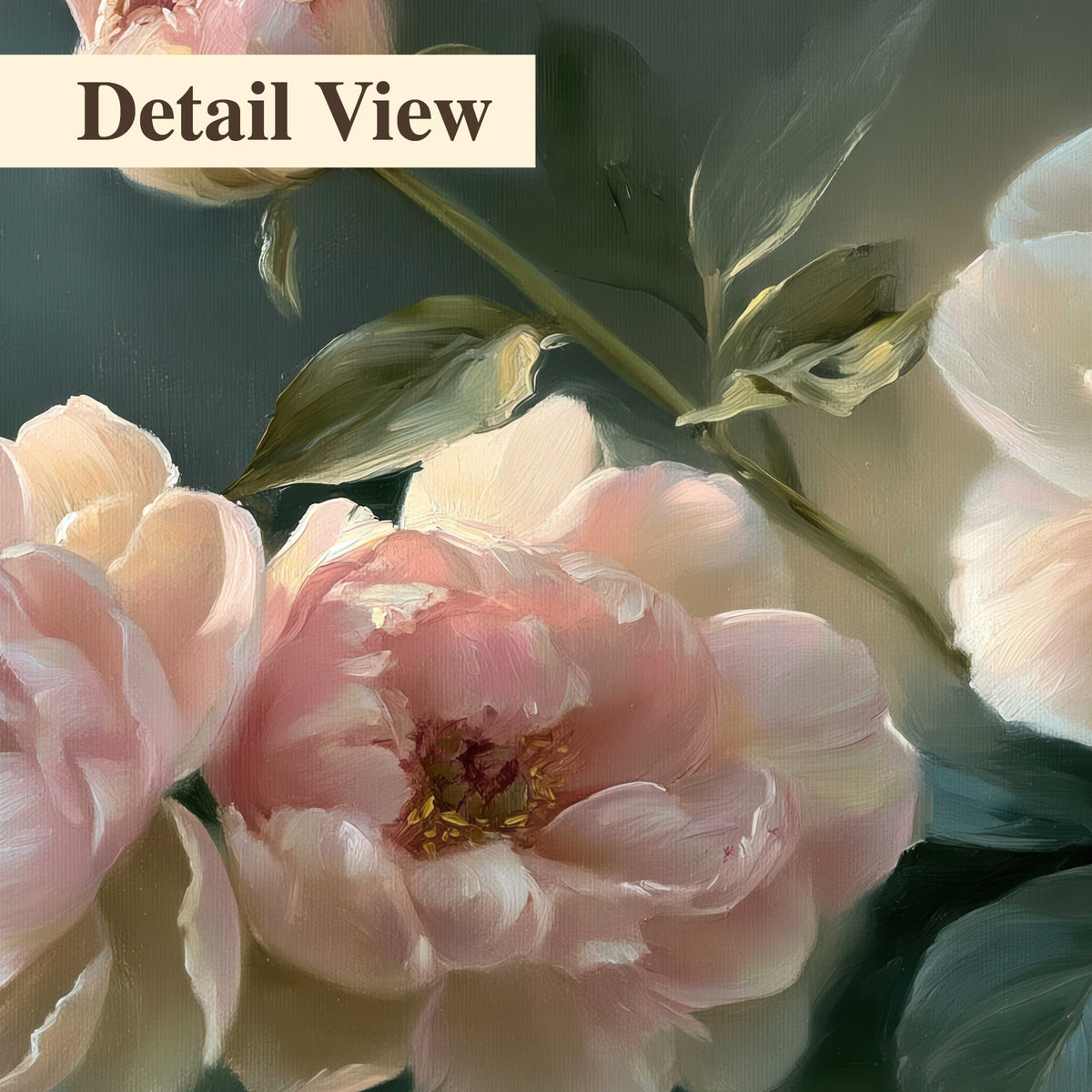 A large cream peony beside blush flowers and broad green leaves 3 piece canvas wall art artwork detail close up