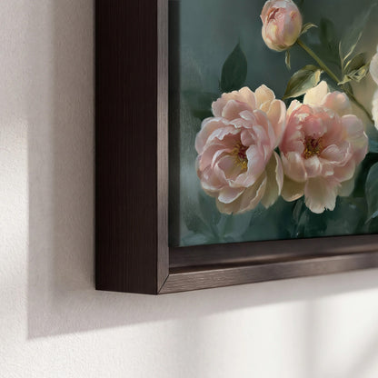 A large cream peony beside blush flowers and broad green leaves 3 piece framed canvas wall art material and edge close up