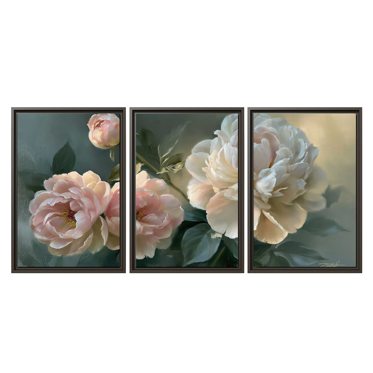 A large cream peony beside blush flowers and broad green leaves 3 piece framed canvas wall art viewed straight on