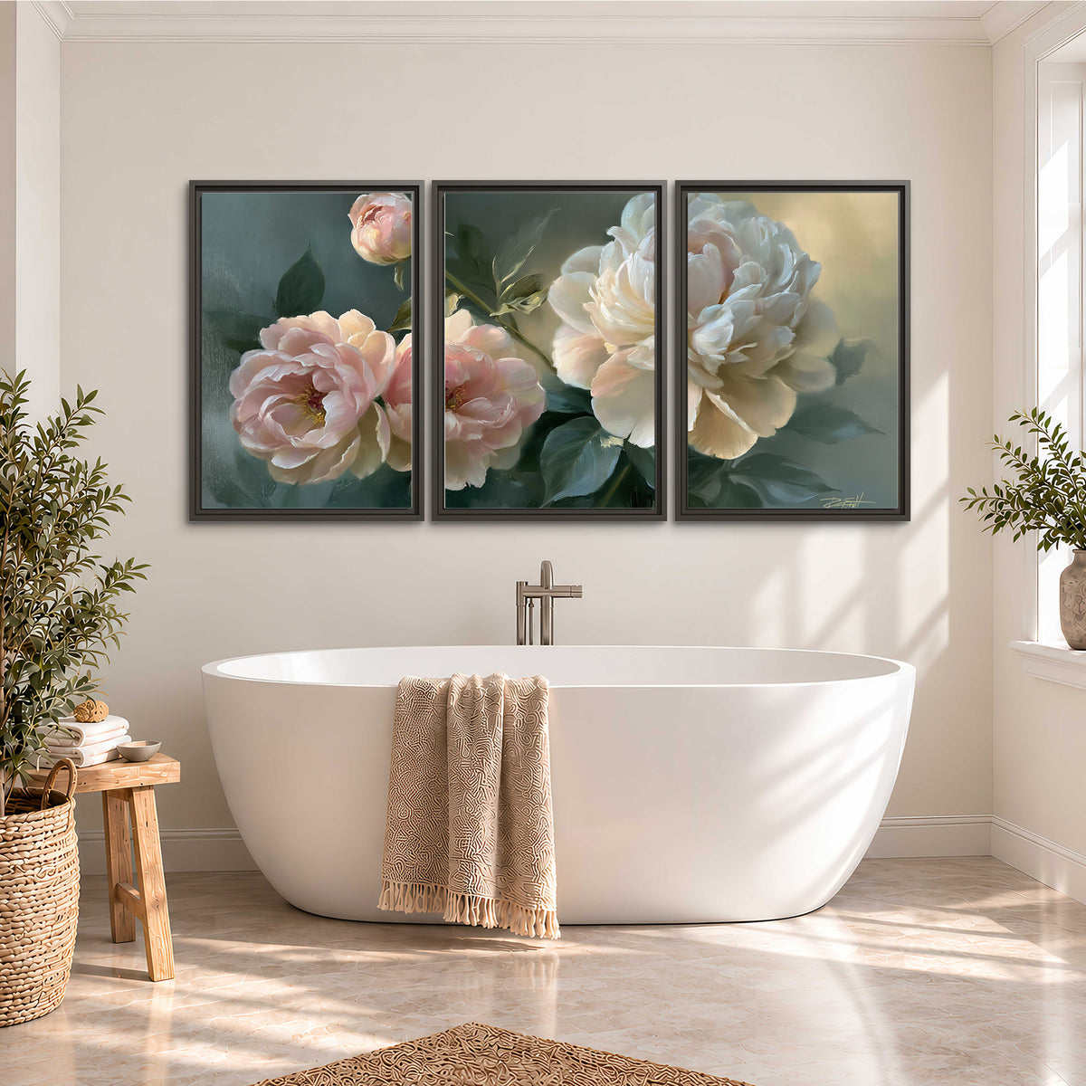 A large cream peony beside blush flowers and broad green leaves 3 piece framed canvas wall art styled in an interior