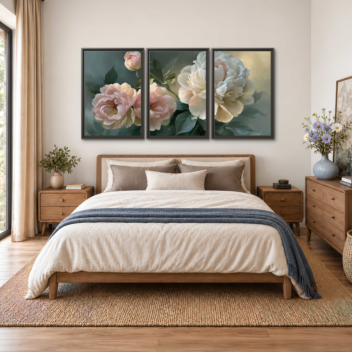 A large cream peony beside blush flowers and broad green leaves 3 piece framed canvas wall art styled in an interior