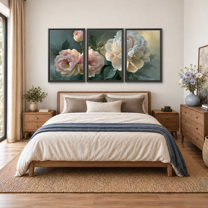 A large cream peony beside blush flowers and broad green leaves 3 piece framed canvas wall art styled in an interior