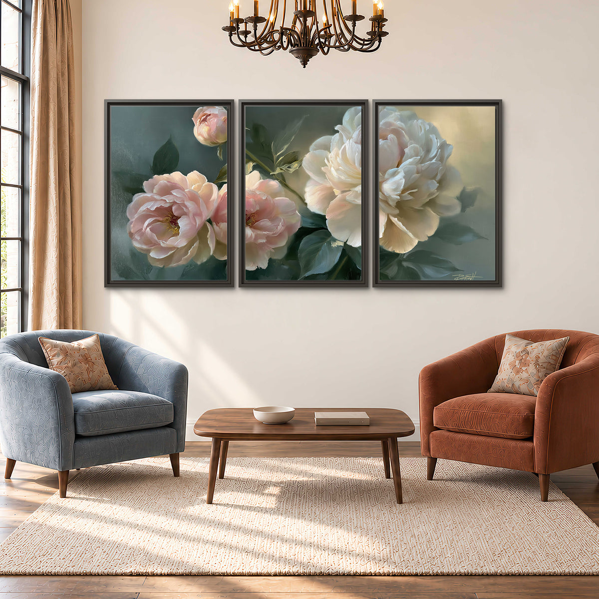 A large cream peony beside blush flowers and broad green leaves 3 piece framed canvas wall art styled in an interior