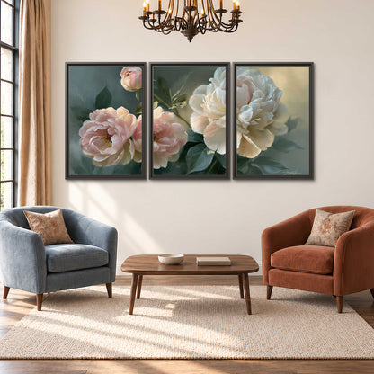 A large cream peony beside blush flowers and broad green leaves 3 piece framed canvas wall art styled in an interior
