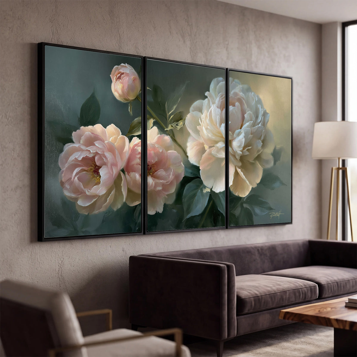 A large cream peony beside blush flowers and broad green leaves 3 piece framed canvas wall art displayed in a modern living room