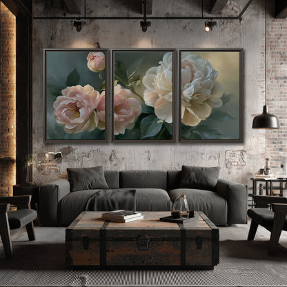 A large cream peony beside blush flowers and broad green leaves 3 piece framed canvas wall art displayed in a industrial room