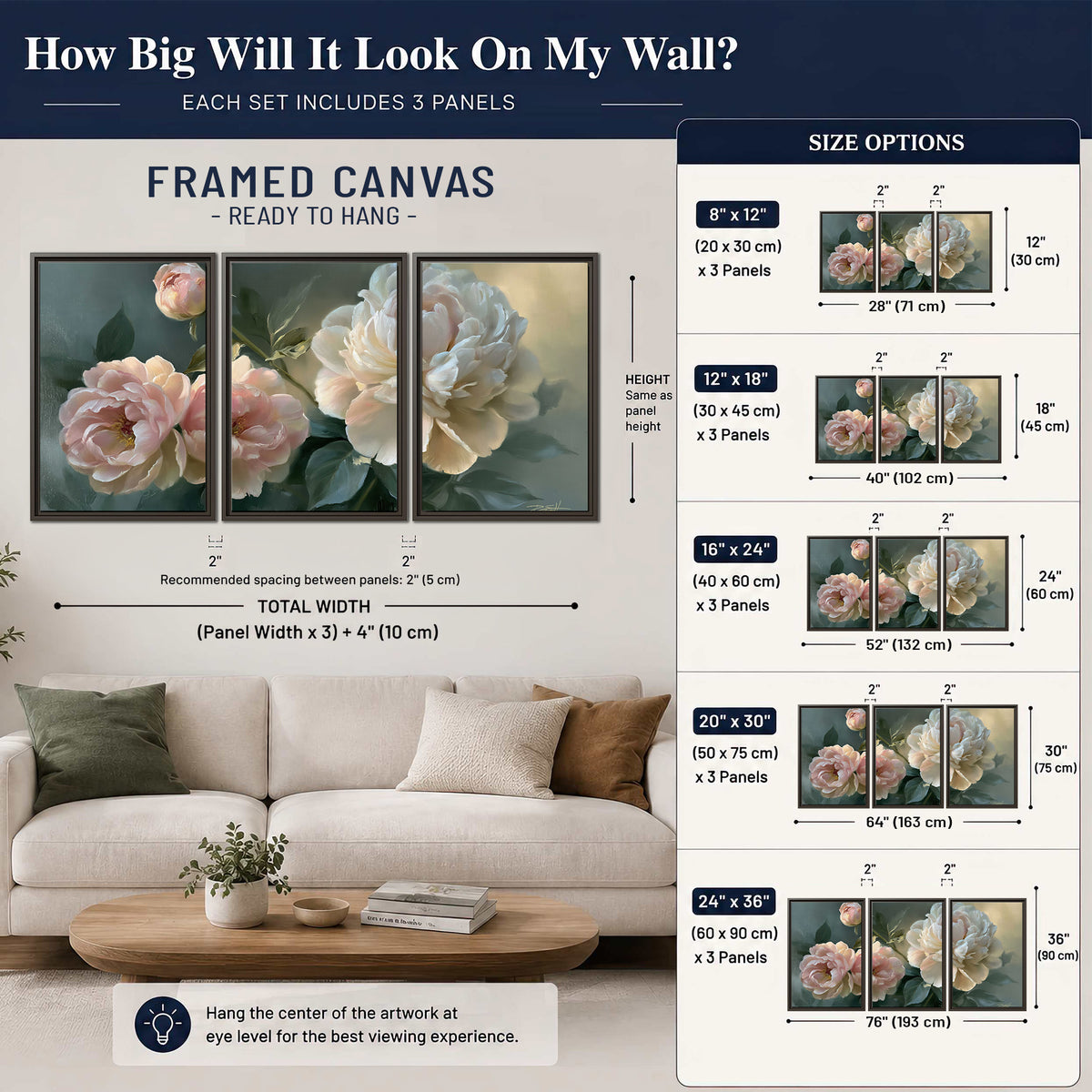 A large cream peony beside blush flowers and broad green leaves 3 piece framed canvas wall art size guide above a sofa; room view is illustrative