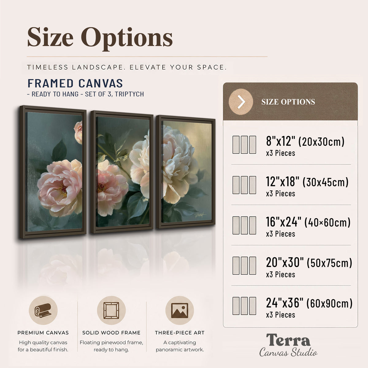A large cream peony beside blush flowers and broad green leaves 3 piece framed canvas wall art available dimensions; triptych dimensions are per panel