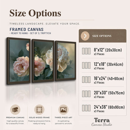 A large cream peony beside blush flowers and broad green leaves 3 piece framed canvas wall art available dimensions; triptych dimensions are per panel