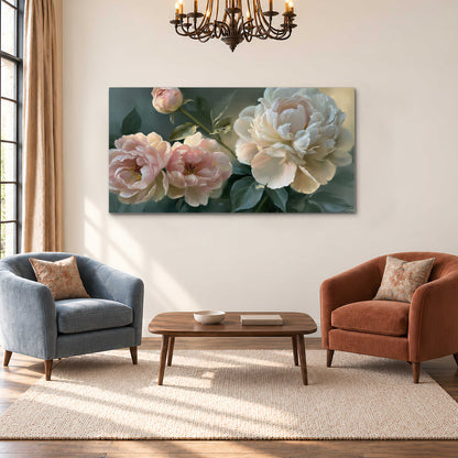 A large cream peony beside blush flowers and broad green leaves single canvas wall art styled in an interior