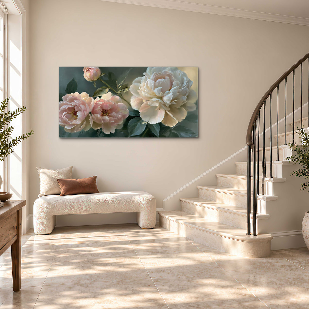 A large cream peony beside blush flowers and broad green leaves single canvas wall art styled in an interior