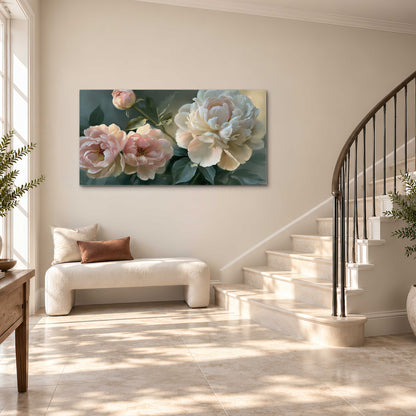 A large cream peony beside blush flowers and broad green leaves single canvas wall art styled in an interior