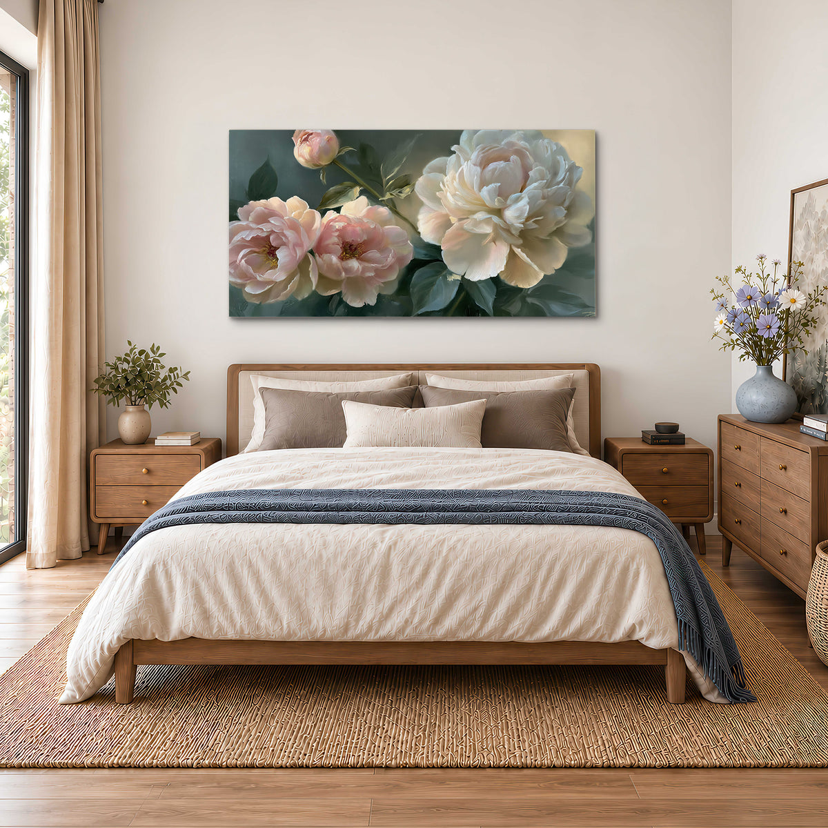 A large cream peony beside blush flowers and broad green leaves single canvas wall art styled in an interior